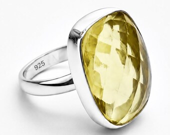 Handmade Sterling Silver Lemon Quartz Statement Ring, Boho Bezel Setting