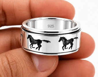 Sterling Silver Running Horse Band Ring, Western Equestrian Jewelry