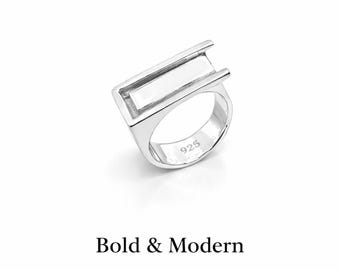 Sterling Silver Bar Signet Ring, Minimalist Geometric Adjustable Statement Band