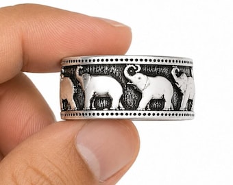 Silver Elephant Band Ring, Wide Safari Animal Jewelry, Nature Statement Band