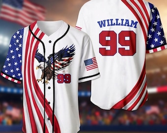 Camisa de beisebol personalizada com a águia americana, camisa patriótica personalizada com nome e número, camisa com a bandeira americana para fãs de beisebol.