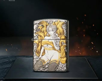 Isqueiro Zippo elegante com estampa floral de garota anime, design dourado com cabelo artístico, presente de aniversário exclusivo e colecionável para ele, ótima ideia de presente para homens.