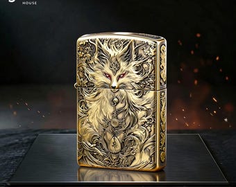 Isqueiro dourado gravado com raposa mística, isqueiro colecionável estilo Zippo para ele, acessório masculino à prova de vento, ideia de presente exclusiva.