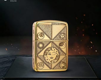 Isqueiro colecionável de luxo com gravação de sol e lua, design dourado estilo Zippo, presente exclusivo para ele, presente de aniversário, acessório masculino, presente de aniversário de casamento.