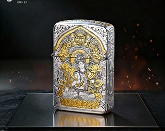 Isqueiro elegante em ouro e prata com Buda, isqueiro estilo Zippo colecionável e espiritual de alta qualidade para ele, acessório masculino à prova de vento.