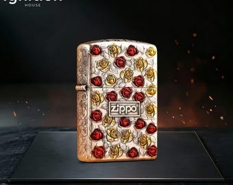 Isqueiro Zippo com estampa floral de rosas românticas, elegante design vermelho e dourado com flores, item de colecionador exclusivo para presente de aniversário ou de casamento.