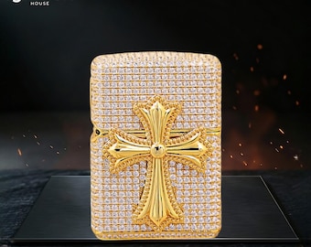 Encendedor de colección, encendedor de metal, regalo para él, encendedor de cruz de lujo, encendedor estilo diamante, grabado en oro 3D, encendedor de bolsillo premium