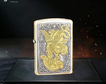 Isqueiro Zippo de luxo com moeda de dragão mítico dourada, design elegante e sofisticado, presente colecionável exclusivo para ele, presente de aniversário, ideia de presente para homens.