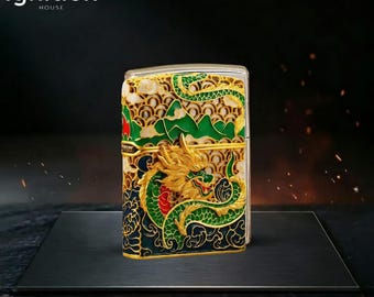 Green Dragon Zippo Lighter, Gold Enamel Mountain Cloud Art Design, Unique Collectible Birthday Fathers Day Anniversary Gift for Him, Dad