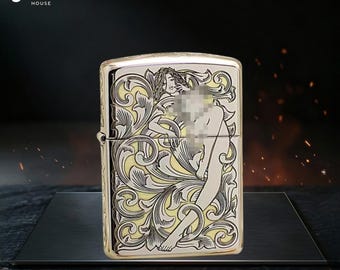 Isqueiro elegante em estilo Art Nouveau para mulher, isqueiro Zippo colecionável vintage para ele, acessório masculino à prova de vento, peça única e premium.