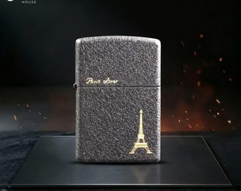 Isqueiro Zippo Torre Eiffel, presente romântico de Paris, elegante Zippo com design de amor por Paris, item colecionável exclusivo para aniversário ou como presente de aniversário para ele.