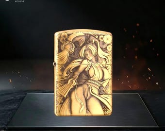 Isqueiro Zippo elegante dourado com design de anime para garotas, com detalhes florais, item de colecionador exclusivo para presente de aniversário para ele, ótima ideia de presente para homens.