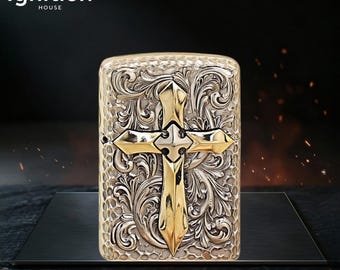 Isqueiro de metal, isqueiro colecionável, presente para ele, isqueiro com cruz dourada, isqueiro gravado em 3D, design antigo de luxo, isqueiro de bolso à prova de vento
