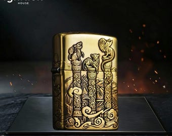 Isqueiro com gravação de animal totem ancestral, isqueiro estilo Zippo colecionável tribal para ele, acessório masculino à prova de vento, ideia de presente exclusiva.