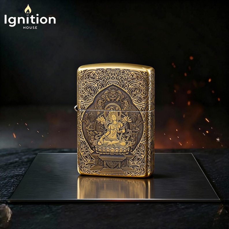 Luxury Gold Engraved Buddha Lighter, Spiritual Collectible Zippo Style Lighter Gift for Him, Premium Windproof Mens Accessories Gift Idea image 1