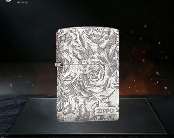 Isqueiro Zippo Vintage com Cena de Rosas Gravadas, Arte Clássica de Paisagem, Presente Colecionável Exclusivo para Ele, Presente de Aniversário, Ideia de Presente para Homens