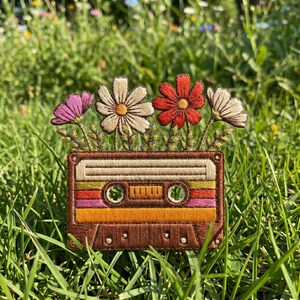 Vintage Cassette Tape with Flowers Embroidered Patch, Floral Music Iron On Patch, Retro Mixtape Sew On Badge, Cottagecore Music Lover Gift