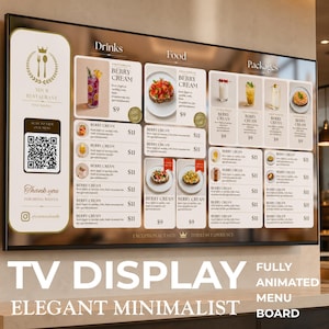 May include: A digital menu board displaying drink, food, and package options. The menu includes images of cocktails, desserts, and other dishes. The board has the text "TV DISPLAY" and "ELEGANT MINIMALIST MENU BOARD".