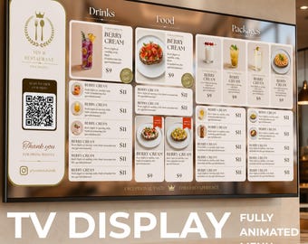 Modello di menu animato per schermo TV, ristorante elegante e minimalista, schermo digitale, modello moderno modificabile.
