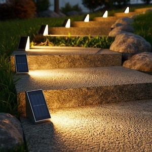 Puede incluir: Luces solares para exteriores iluminan una escalera de piedra. Las luces tienen un panel solar negro y una luz blanca. Los escalones son de piedra texturizada, y la escena está ambientada en un jardín con hierba y rocas.