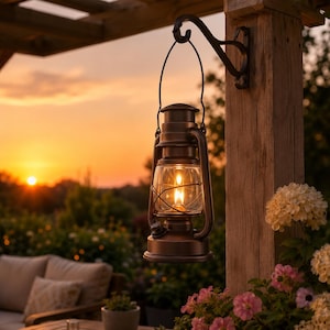 May include: A dark bronze-coloured metal hurricane lantern with a clear glass globe and a visible internal flame, suspended from a matching curved wall-mounted bracket attached to a vertical wooden post, featuring a wire handle and base dial.