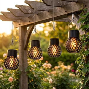 Peut inclure: Quatre lanternes solaires suspendues avec des sommets en métal noir et des cages sphériques à motif en treillis. Chaque lanterne émet une lumière chaude et brillante, suspendue par un fil argenté et une pince métallique à une pergola en bois.