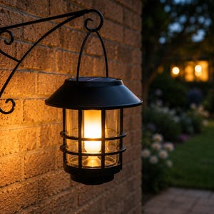 May include: A black metal outdoor lantern with a cage design and a solar panel top, suspended from a matching wall-mounted bracket. The lantern emits a warm, glowing light from within, illuminating the surrounding area with a soft, amber radiance.