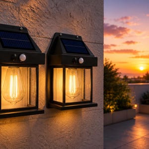 May include: Two black wall-mounted outdoor lanterns featuring integrated solar panels on top, motion sensors, and clear glass panels housing warm-toned Edison-style light bulbs. The fixtures are mounted on a textured stone wall surface.