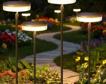 Luces solares modernas para caminos de jardín, iluminación LED exterior impermeable para paisajes, ideal para patios, senderos y como iluminación decorativa con luz cálida.