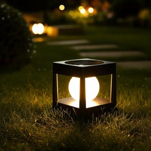 Puede incluir: Una lámpara solar de exterior negra en forma de cubo con un globo blanco brillante en el interior, colocada sobre un césped. La lámpara tiene un diseño moderno, con una parte superior cuadrada y lados abiertos, e iluminada por una luz cálida y acogedora.