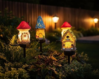 Solcellsdriven trädgårdslampa med svamphus, LED-lampa för utomhusbruk, vattentät älvträdgårdsdekor, solcellsdriven trädgårdslampa, trädgårdslandskapsbelysning