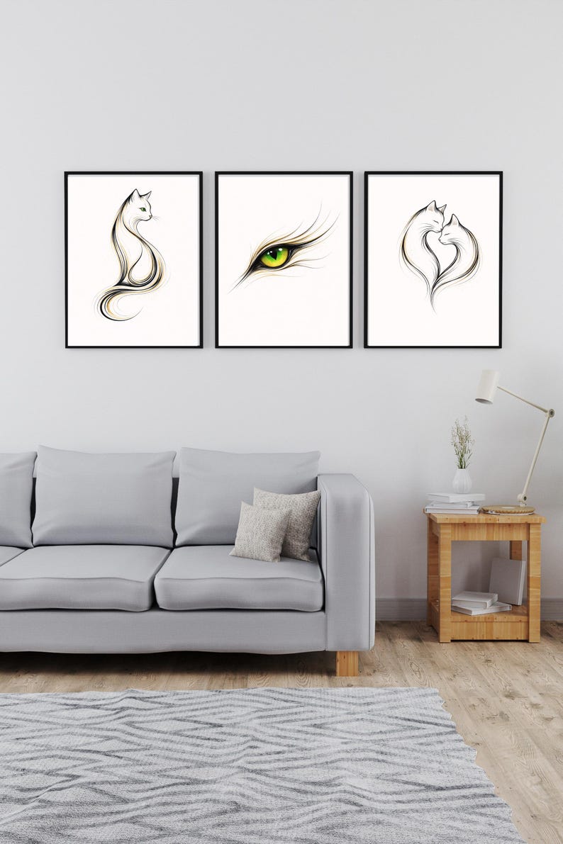 Minimalist Cat Wall Art Set of 3, Abstract Cat Print, Modern Line Art ...