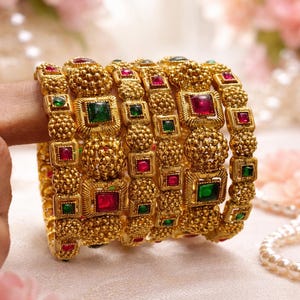 Traditional Gold Kundan Bangles, Ruby Green Stone Bridal Jewelry Set
