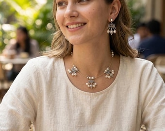 Conjunto de collar de perlas – Joyería nupcial de fusión de oro y plata oxidada