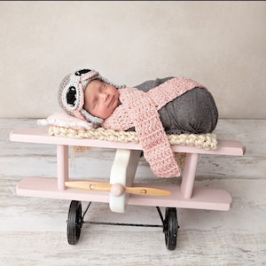 Newborn Aviator Hat, 3 Piece Set, Aviator, Goggles, Scarf, Gray, Pink, Baby, Girl, Newborn Photo Prop, Ready to Ship