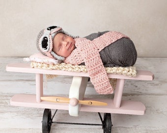 Newborn Aviator Hat, 3 Piece Set, Aviator, Goggles, Scarf, Gray, Pink, Baby, Girl, Newborn Photo Prop, Ready to Ship
