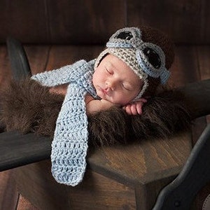 Newborn Aviator Hat, 3 Piece Set, Pilot, Goggles, Scarf, Brown, Blue, Baby, Boy, Newborn Photo Prop, Ready to Ship