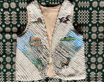 70s 80s Handmade Vintage Chenille Fabric Strip Vest, Embroidered with Horses, Ducks, Ect., Open Fitted, Reversible, Off White