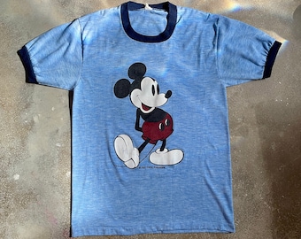 Vintage 70s 80s Mickey Mouse Ringer Tee, Double Sided Print, Vtg Florida 1981 Back Print, Walt Disney T-Shirt, Heather Blue, Allison Tag