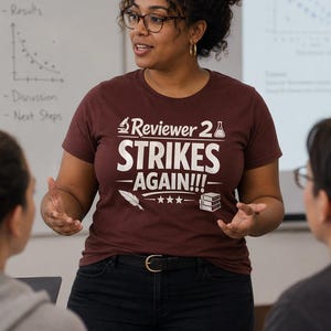 Può includere: Una maglietta bordeaux con la scritta "Reviewer 2 STRIKES AGAIN!!!" è indossata da una persona davanti a una lavagna. La maglietta ha una grafica di microscopio, una piuma e stelle. La persona indossa pantaloni neri e occhiali.