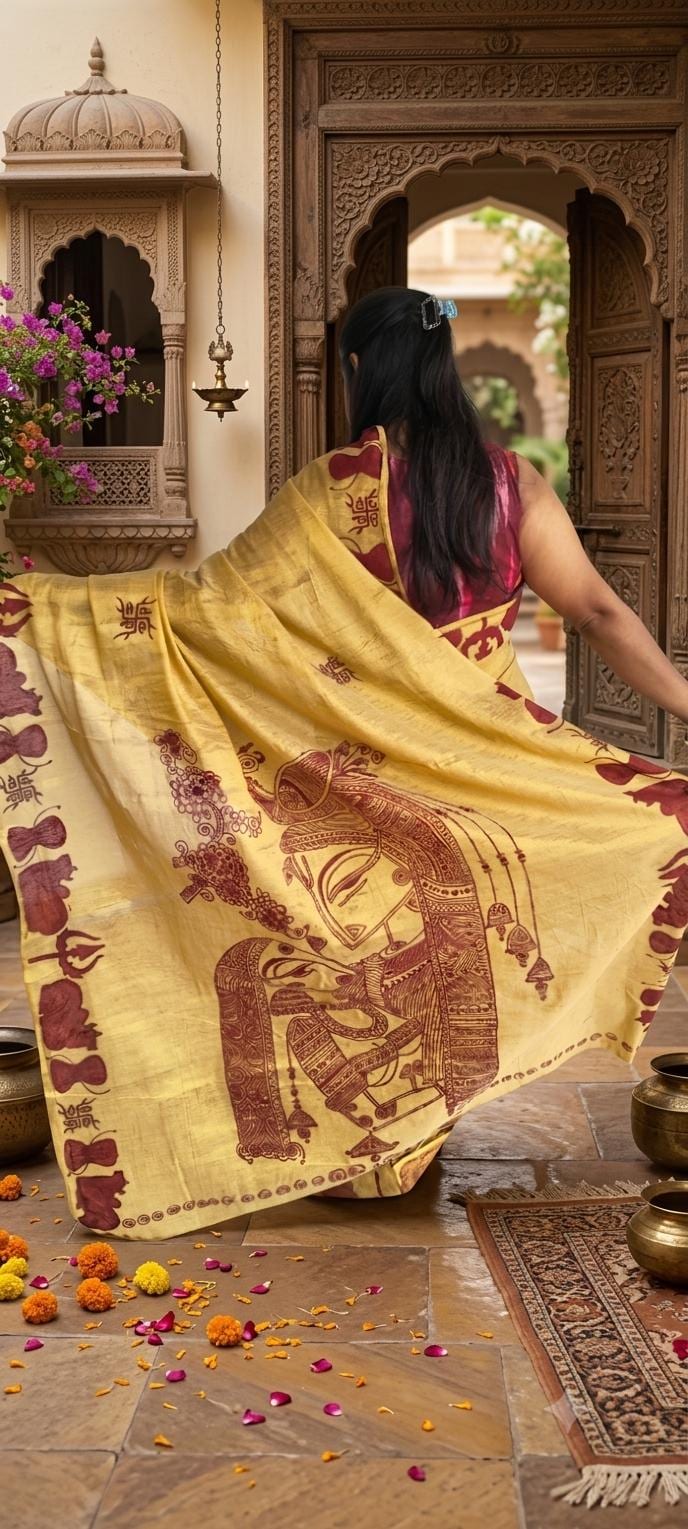 Hand-Painted Shiv Shakti Linen Cotton Saree Golden Bridal Heritage Saree Sacred Indian Art SHAKTRA