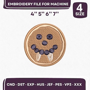 May include: Machine embroidery file with a circular design of a smiling face made of blueberries and teeth. Available in 4 sizes: 10.16cm, 12.7cm, 15.24cm, and 17.78cm. File formats include CND, DST, EXP, HUS, JEF, PES, VP3, and XXX.