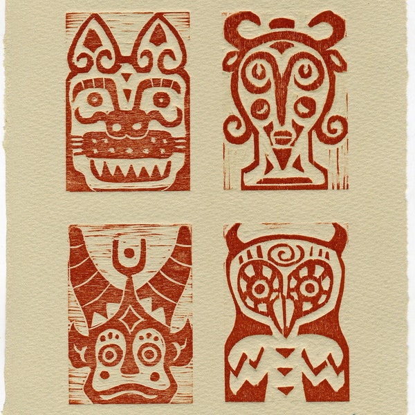Faces - woodcuts, handmade limited edition relief prints of quirky characters