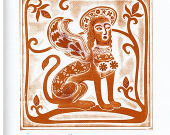 Sphinx - collagraph print burnt sienna on white decorative textured image of mythological creature (framed print is not this one)