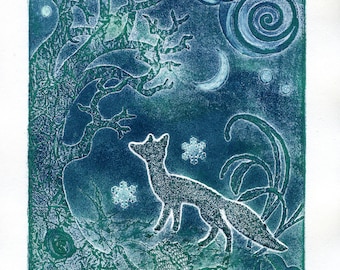 Nuit givrée - impression en relief collagraph de renard au clair de lune, scène magique, impression unique originale