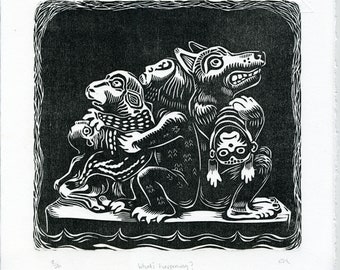 Woodcut of a family of creatures, depicting the current mood of togetherness, called What's happening?