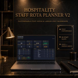 May include: A laptop displaying a Hospitality Staff Rota Planner V2 dashboard with data tables and metrics. The screen shows sections for staff slots, labor costs, and weekly totals. The text reads Hospitality Staff Rota Planner V2.