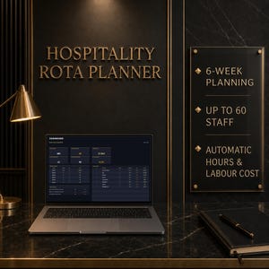 Puede incluir: Un planificador de turnos de hostelería digital en la pantalla de un portátil con un panel de control. El texto de la pared dice HOSPITALITY ROTA PLANNER, junto a un cartel que indica 6-WEEK PLANNING, UP TO 60 STAFF y AUTOMATIC HOURS & LABOUR COST.