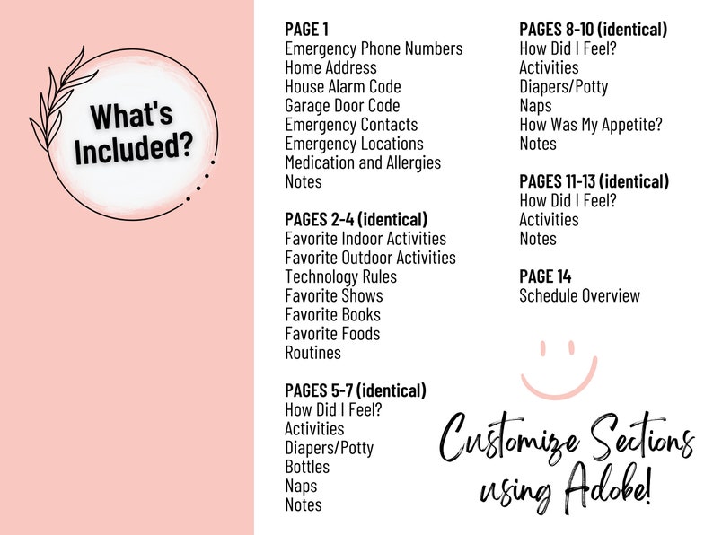 May include: A pink and white printable planner with a title that says "What's Included?" The planner includes sections for emergency information, favorite activities, daily routines, and a schedule overview. The text "Customize Sections using Adobe!" is at the bottom of the page.