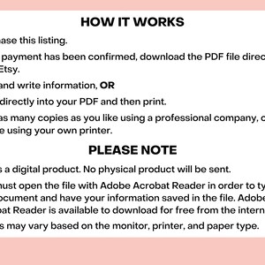 May include: A digital download guide with instructions on how to use a printable PDF file. The guide explains how to purchase, download, print, and edit the file. It also notes that the product is a digital download and no physical product will be sent.